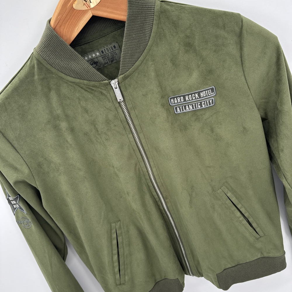 Hard Rock Hotel Atlantic City Bomber Jacket Womens‎ M Olive Green Faux Suede